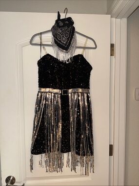 Black Sequin Fringe Costume Outfit with Silver Accent Belt